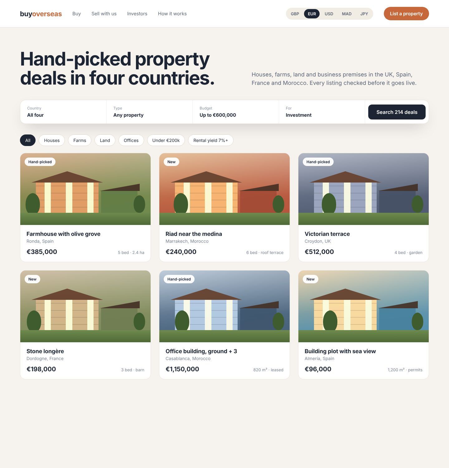Annonces immobilières avec sélecteur de devise
